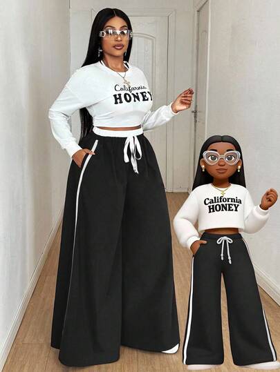 Maweii Plus Size Women's Colorblock Patchwork Side Ribbon Tie Front Bow Elastic Waist Wide Leg Pants, Stylish Design For Party, Daily Wear, Versatile, Autumn/Winter