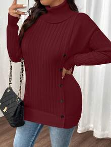 SHEIN LUNE 大码高领不对称下摆纽扣落肩套头衫