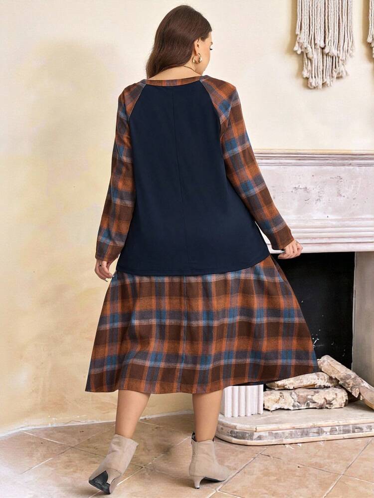 Plus Size Casual Long Sleeve Top And Plaid Skirt 2 Pieces Set Two Piece Set Women Comfy Sweater Sets For Women, Autumn/Winter,2025 New
