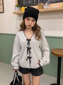 Tween Mädchen Strickjacke mit V-Ausschnitt, grau, mit Schleifen-Dekor, Langarm, kurzer Strickpullover, weich & bequem, geeignet für Frühling, Herbst, Winter, Alltag, Ausflüge, Reisen, Urlaub, Zuhause, Kinderbetreuung, Kinderspiel