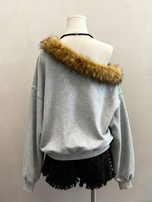 SHEIN EZwear 女式毛绒拼布不对称领字母印花运动衫 - 灰色 - 查看 2