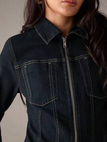 SHEIN BAE Autumn Winter Party: Stylish And Sexy Dark Blue Denim Stand Collar Zipper Slim Fit Coat, Casual Denim Coat, Suitable For Casual Commute, Winter Coat, Going Out, Winter For Women, Christmas For Women, New Year Women's - Dark Wash - View 7