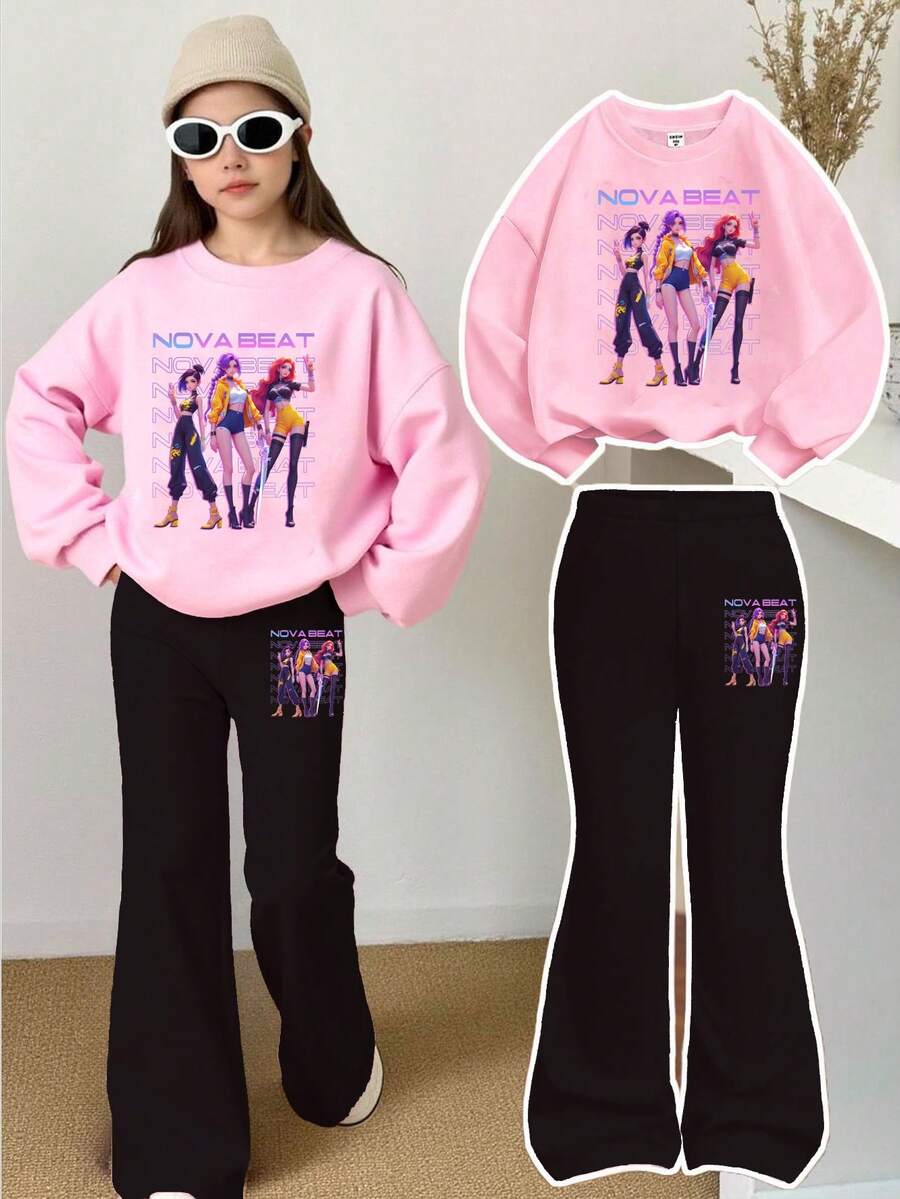 SHEIN Explorewe 1 Set Young Girls Casual Cartoon K-POP Girl Graphic Crew Neck Long Sleeve Sweatshirt And Flare Pants Outfit, Suitable For Outings, School, Shopping, Cozy Fall & Winter Styles - Multicolor - View 1