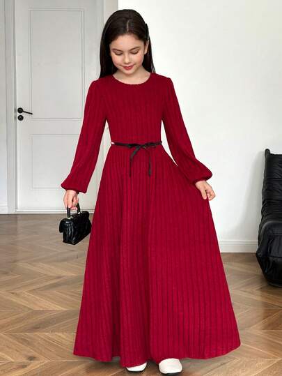Tween Girl Integrated Casual Minimalist Comfortable Soft Round Neck Long Sleeve A-Line Textured Elegant Red Christmas Long Dress