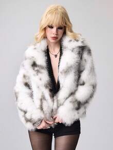 ROMWE EDITION Women's Colorblock Long Sleeve Loose Faux Fur Jacket, Winter - White - View 5