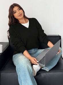 Dazy Plus Maglione oversize da donna con scollo a V, morbido e spesso, casual per l'autunno/inverno - nero - Visualizzare 4