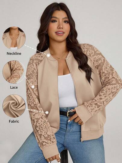 Comfylo Plusstorlek Dammode Spetslappjacka Långärmad Jacka Spetskofta Överdragsjacka Dam Ytterkläder Spetsjacka Bomberjacka Dam