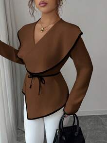 Elenzga 女式交叉 V 领长袖修身腰部系带撞色拼接优雅衬衫 - 棕色 - 查看 4