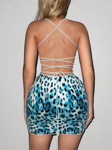 Sweetina Y2k 外出性感时尚细肩带露背豹纹亮片紧身迷你连衣裙 - 彩色 - 查看 2