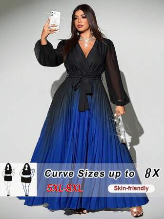 SHEIN CURVE+ 大码女式优雅渐变色交叉领口雪纺透明袖腰带蝴蝶结腰部褶皱长裙，百搭设计，适合派对、聚会、外出