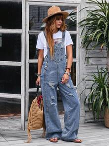 EMERY ROSE Women's Casual Washed Distressed Denim Bib Overalls - Blue - View 6