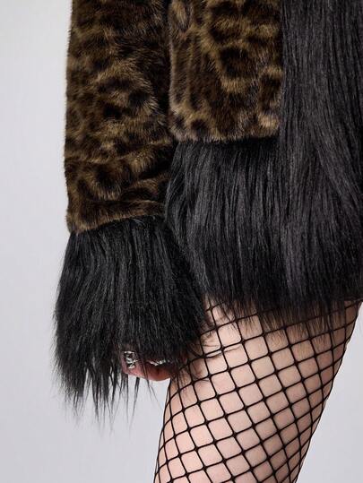 Grunge Punk Y2K Retro Sexy Leopard Print Faux Fur Collar Faux Fur Coat, Women Oversized Furry Jacket