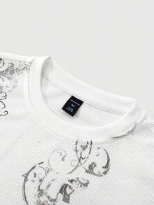 ROMWE MEN Men's KPOP Gothic Cross Print Waffle Fabric Pullover Sweatshirt, Suitable For Everyday Wear, Autumn/Winter - White - View 3