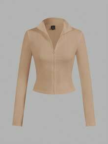 SHEIN EZwear 2 件棕色和卡其色针织拉链长袖 T 恤女士款，适合春秋季 - 彩色 - 查看 3