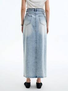 Aalyst 女式口袋开衩直筒休闲牛仔长裙 - 淺色水洗藍 - 查看 2