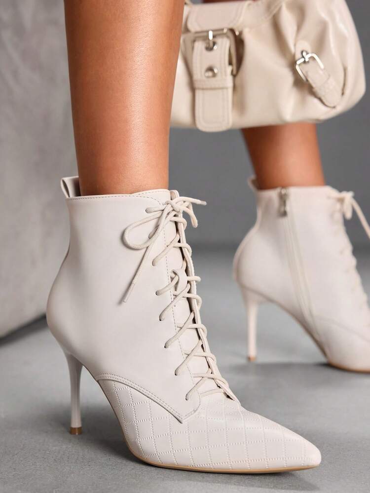 CUCCOO SZL Women's Pointed Toe Stiletto Heel Ankle Boots, Fashionable Beige Lace-Up, Classic Low Heel Boots, Stylish & Sexy For Party, Casual, Work