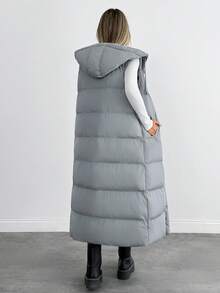 EURMUSE Sleeveless Long Hooded Padded Coat, Solid Color, Winter - Grey - View 2