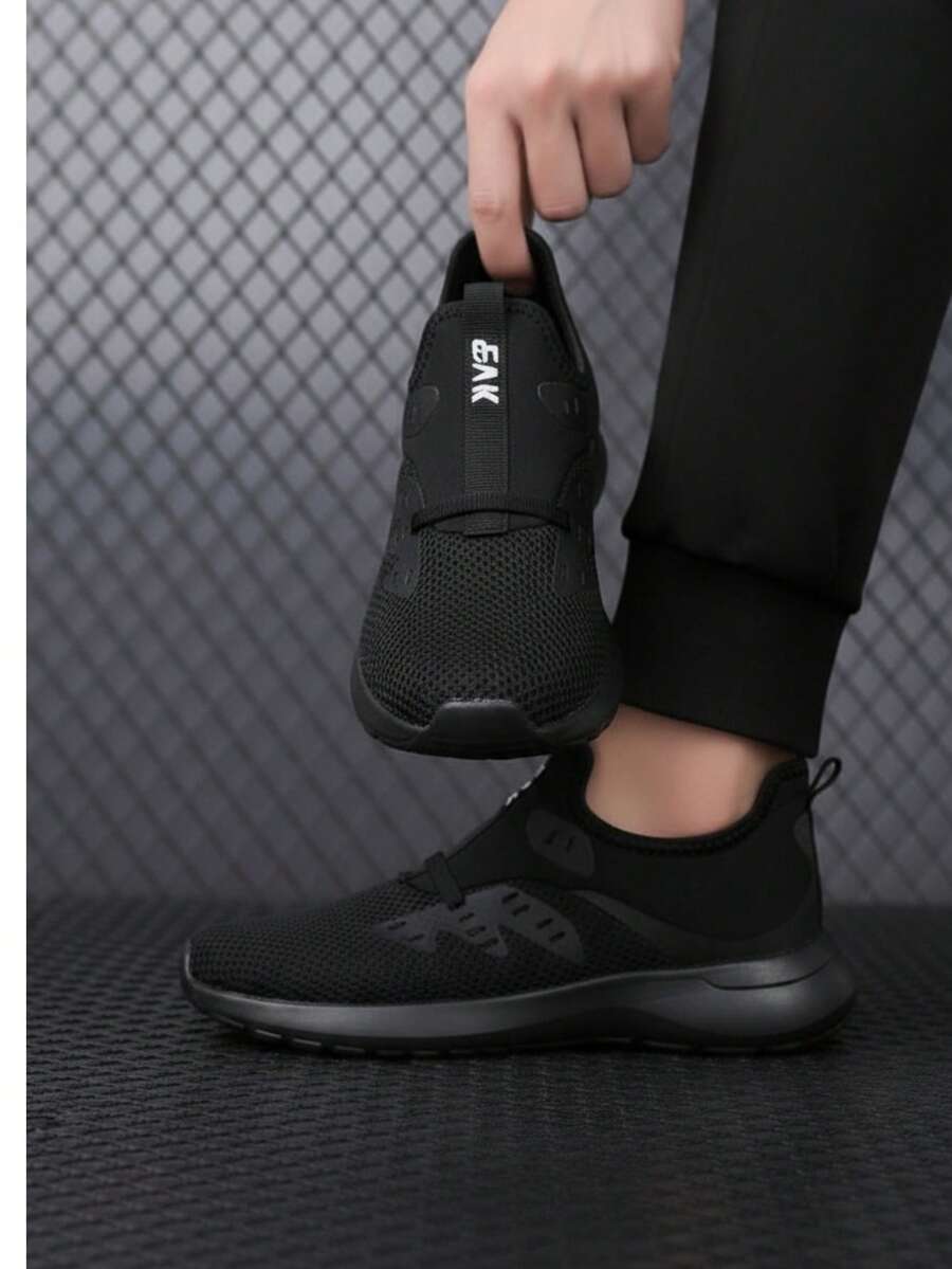 Tenis deportivo para hombre transpirable tejido volador punta redonda sin cordones suela ligera estilo urbano para correr entrenamiento tenis - Negro - Ver 1