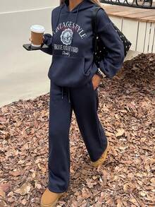 DAZY Women's Letter Print Drop Shoulder Long Sleeve Hoodie With Pocket & Drawstring, Casual 2 Pieces Set, Autumn/Winter