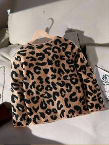 Casual Oversized Leopard Print Long Sleeve Round Neck Loose Fuzzy Jacket, Suitable For Teen Girlin Winter - Coffee Brown - View 2