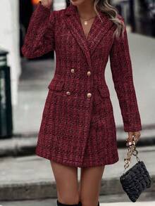 SHEIN Clasi 优雅双排扣大衣，适合秋冬通勤 - 紅色 - 查看 1