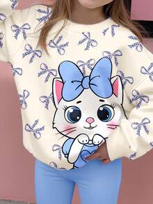 2 件套奶油白和奶油蓝可爱卡通猫豹纹蝴蝶结印花宽松厚实柔软圆领长袖运动衫和紧身裤，适合年轻女孩的秋冬装 - 彩色 - 查看 4