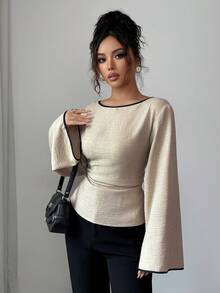 Siren Gaze Women's Round Neck Ruffle Cuff Flare Sleeve Pleated Fashion Blouse Winter Casual Spring