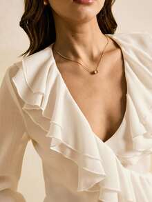 Poéselle Women's Solid Color V-Neck Ruffle Trim Raglan Sleeve Casual Elegant Blouse, Wrap Tops For Women, White Blouse, Ruffle Blouse ,Sheer Tops For Women