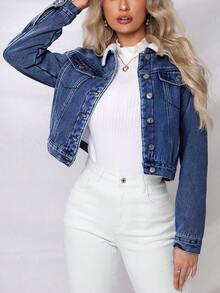 SHEIN Privé Women's Contrast Color Denim Jacket - Dark Wash - View 9