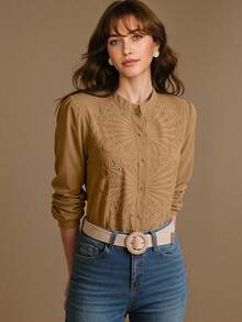 MOTF PREMIUM ÁO BLOUSE CẮT CÚT THÊU - Màu Khaki - Xem 3