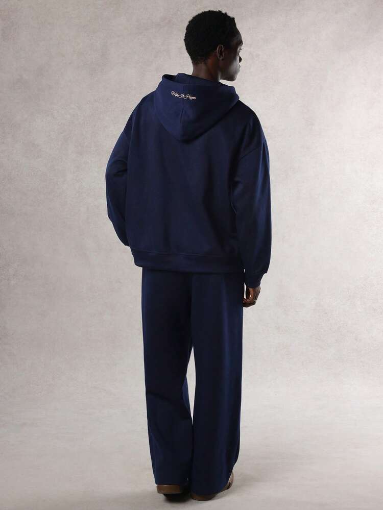 Men's Letter Embroidery Design Thermal Lined Hoodie Set, Navy Blue, Autumn/Winter