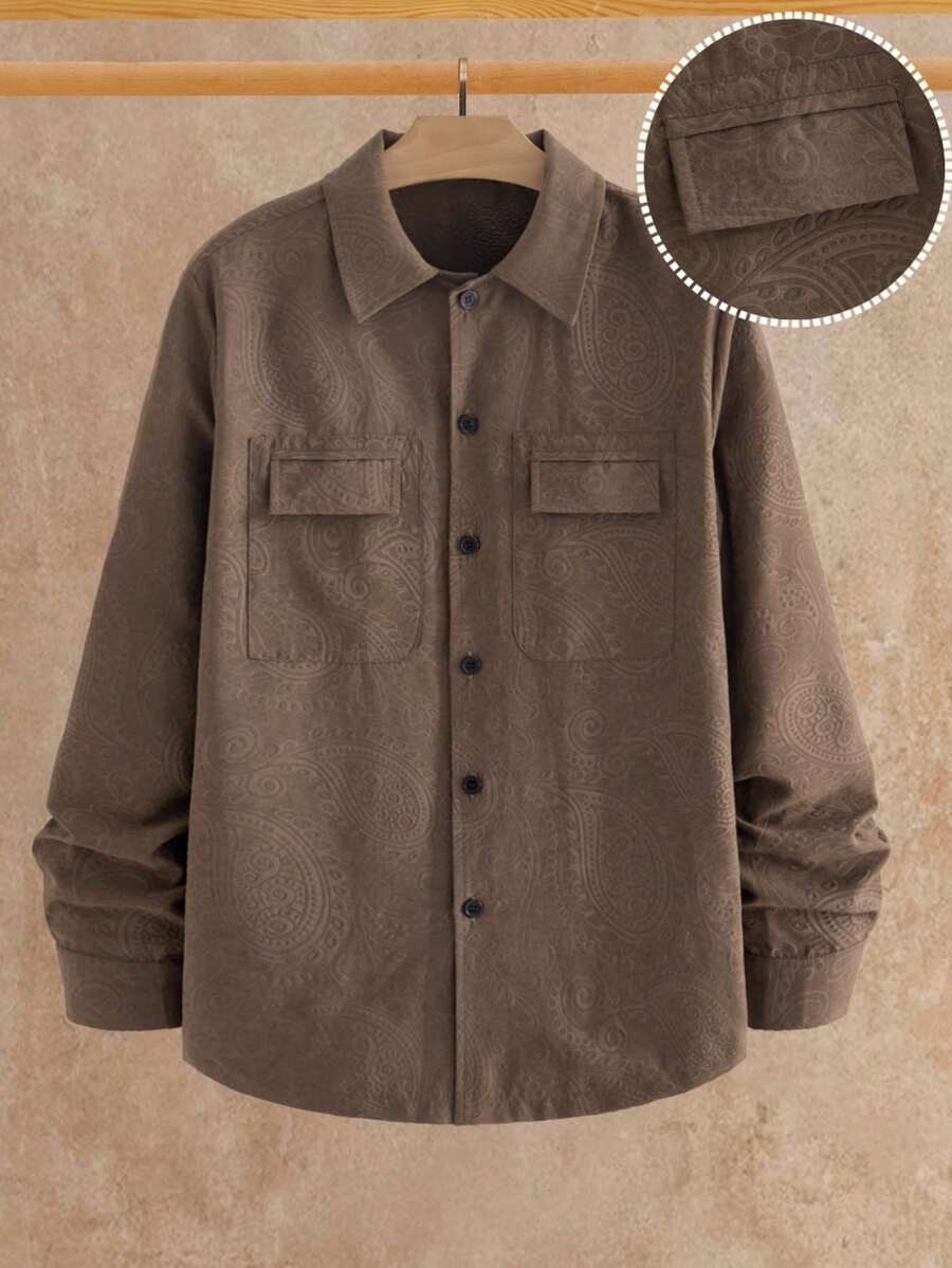 Mainfolk Men's Casual Versatile Solid Color Jacquard Long Sleeve Shirt - Brown - View 1