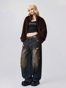 ROMWE Grunge Punk Quần jeans cạp thấp phong cách retro Y2K Streetwear dành cho nữ - màu đen - Xem 2