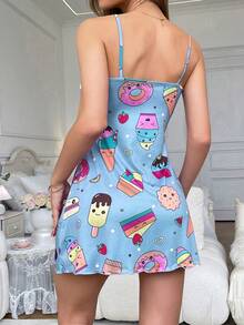 SweetSlumber 女士细肩带正面系带全印花睡袍、休闲家居服 - 淺藍色 - 查看 2