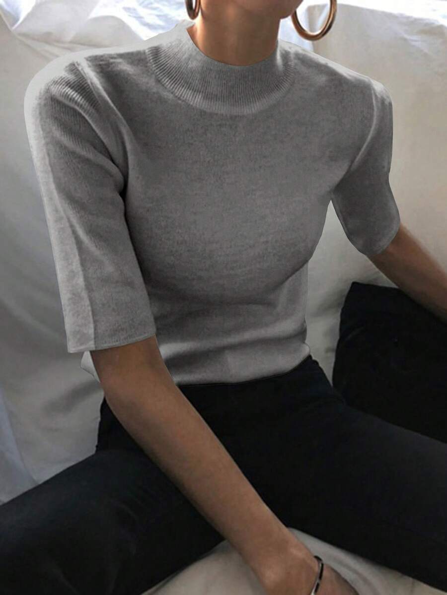 DAZY Women's Turtleneck Fitted Ribbed 3/4 Sleeve Knit Sweater Top - Grey - View 1