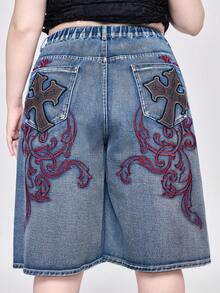 ROMWE Grunge Punk 大码复古十字刺绣七分牛仔裤 - 藍色 - 查看 4