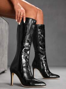 CUCCOO SZL Elegant Sexy Crocodile Pattern Black Knee-High Boots, Pointed Toe Slim Heel Stylish Women's Boots, Fashionable Versatile New Long Boots, Showcasing Feminine Charm And Elegant