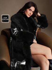 Anewsta Black Glossy Fitted Long Coat With Detachable Fur Collar, Belted, Fashion New Style For Autumn, Winter