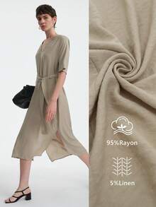 Aalyst V领开衩下摆亚麻混纺纯色连衣裙，简约多功能 - 卡其色 - 查看 1
