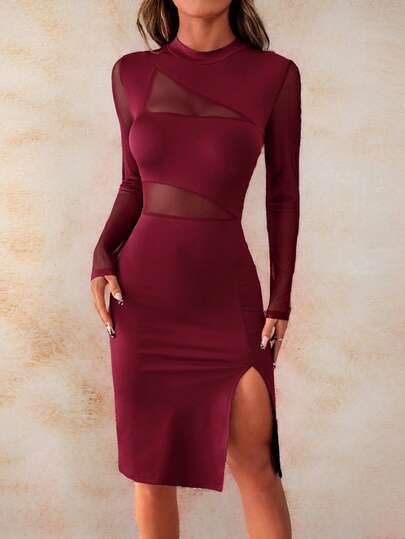 Glamine Fashionable Mesh Patchwork Cutout Hem Slit Black Dress For Women