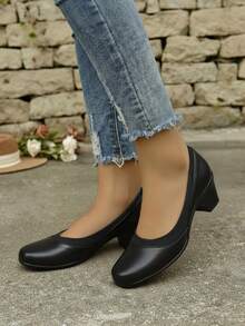 Zapato Mujer Piel Suave Punta Cuadrada Sin Cordones Tacón Grueso Estilo Ejecutivo Para Oficina/Diario Zapatos de Tacón - Negro - Ver 2