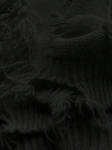 SHEIN CURVE+ 大码女式 Y2K 纯色 V 领落肩长袖宽松流苏设计毛衣，秋冬 - 黑色 - 查看 7