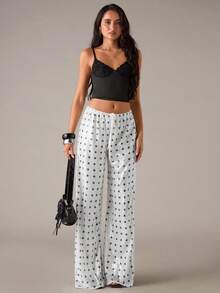 SHEIN BAE Quần ống rộng chấm bi thắt eo thời trang cho nữ - Đen và trắng - Xem 6