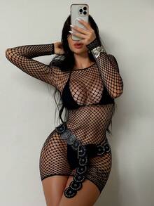 Swim SXY 镂空长袖圆领渔网连体裤和透视罩衫夏季 - 黑色 - 查看 3