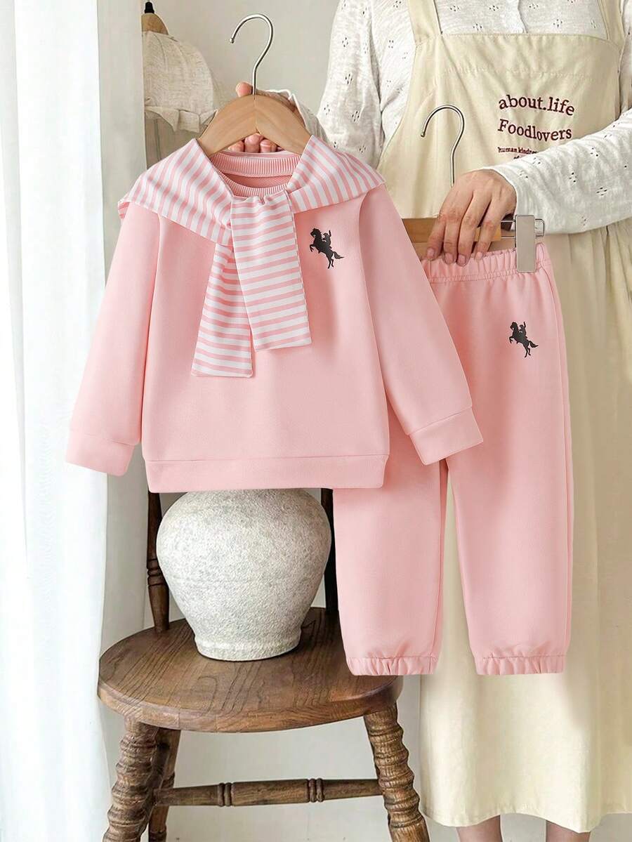 2 件套女婴度假休闲套装：圆领长袖运动衫 + 条纹披肩和卷边裤运动服，时尚百搭户外 - 粉色 - 查看 1