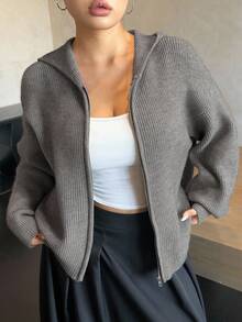 Dazy Plus Plus Size Women Solid Color Hooded Zip-Up Cardigan, Casual & Loose Fit, Autumn/Winter - Grey - View 7