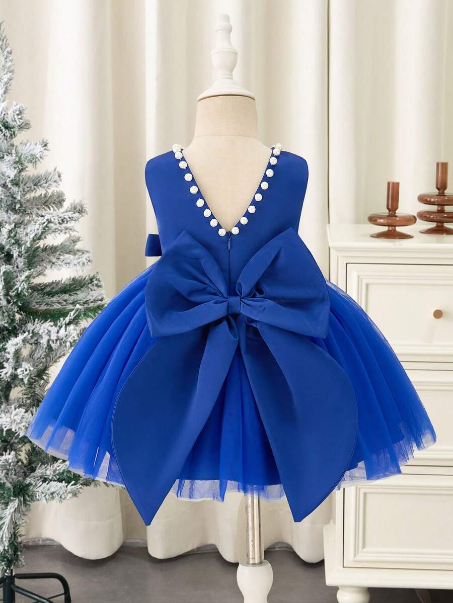 SHEIN Glamorique Kids 圣诞公主女童连衣裙、薄纱舞会花童连衣裙、蓝色蓬松薄纱派对婚纱、白色串珠 V 字背大蝴蝶结公主裙 - 寶藍色 - 查看 1