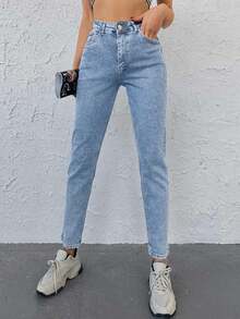 SHEIN PETITE 98%纯棉小码纯色斜口袋妈妈款牛仔裤 - 淺藍色 - 查看 4