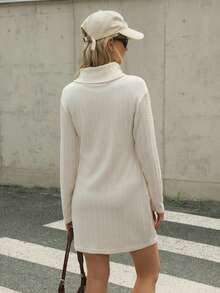 Chiquease Autumn/Winter New Arrival Cable Knit Turtleneck Ribbed Dress Mock Neck Dress Turtle Neck Dress White Long Sleeve Dress - Beige - View 2