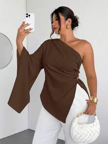 Firerie Plus Size Women's Elegant New Fashion Vacation Daily Single Shoulder Extra Long Sleeve Waist Ruched Slimming Metal Decor Blouse/Valentine's Day/Concert/Performance/Date/Formal Dinner/Prom/Wedding Season/Sexy/Graceful/Commute/Back To School/Vacation/Beach/Romantic Chic/Office Diva/Mermaid Vibe/Birthday Party Asymmetrical Neck Blouse Coffee Brown Top Chocolate Brown Top